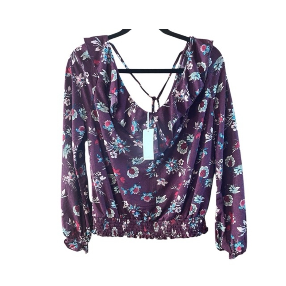 Melloday Ruffle V Neck Long Sleeve Tie Back Cropped Blouse In Burgundy NWT